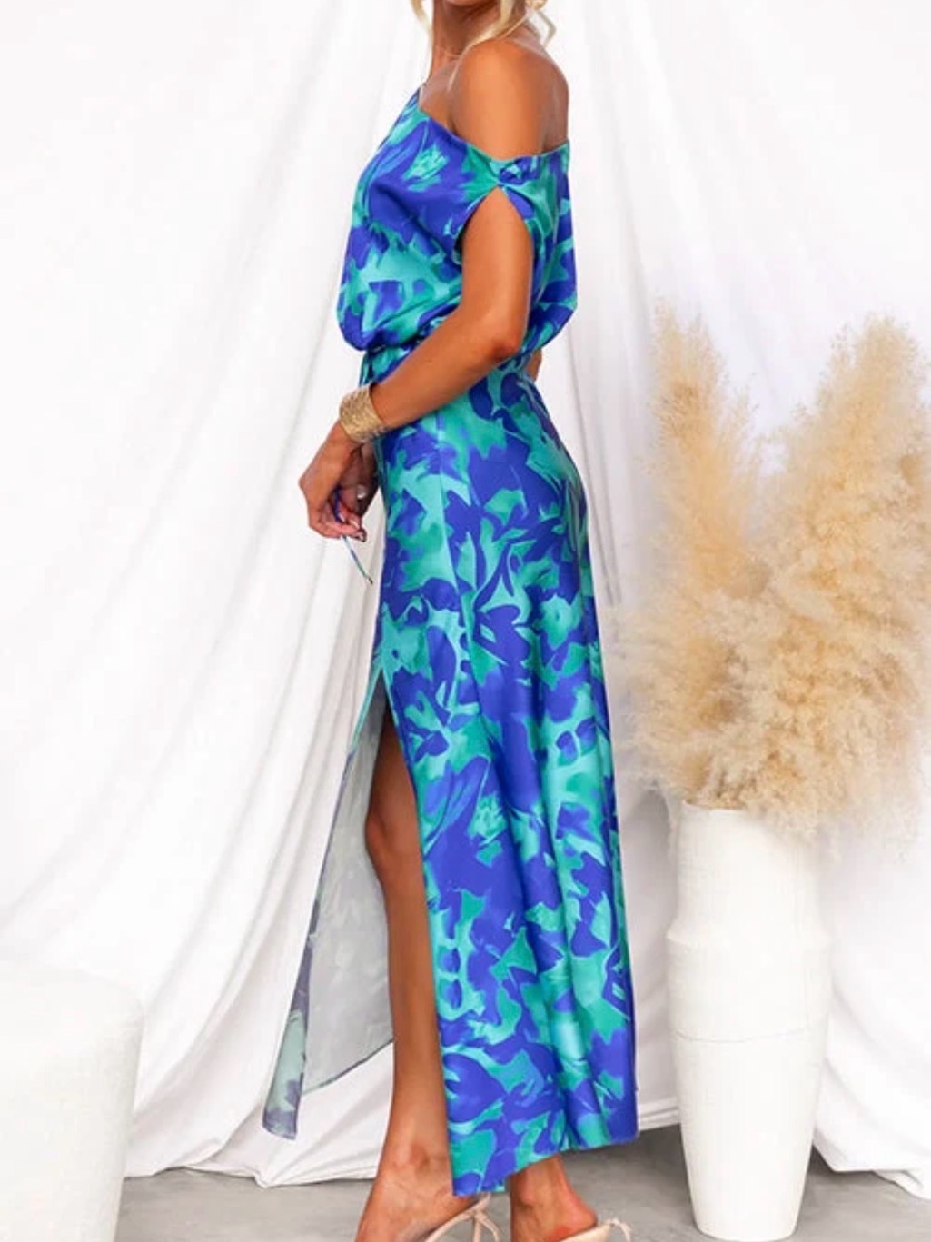 Off-Shoulder Blue & Green Print Tie Waist Maxi Dress With Side Slit — image 3 of 6